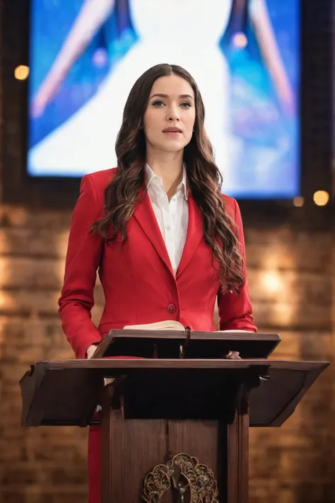 ((woman)), (30 year old), (long hair), (wearing reddish suit), (speech at a lectern), (bible on the pulpit), (showing complete subject), ((full body)), (modern protestant church background), (natural light), (photo realism), (hyper detailed), diffuse light...