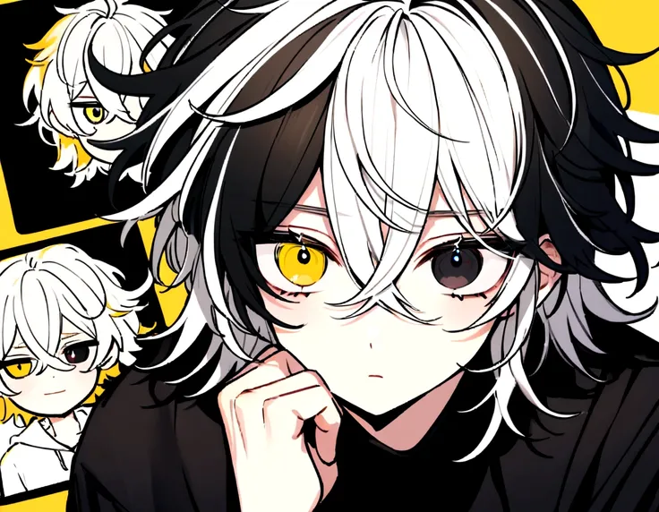 white  shirt, wearing a black sweatshirt with silver details , white tennis shoes with black details, black pants, yellow and black eyes heterochromia, expression of calm, Messy hair , Medium length hair , 1 men , multicolored black and white hair ( focus ...