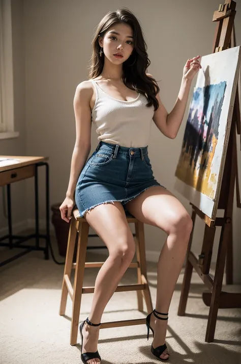 (hight resolution,8K,Best Quality:1.2),Beautiful College Student,Seductively tall, Campus beauty, Proud, exotic beauty, Rich heirs, Medium length hair, Blonde hair, Denim skirt, high-heels, art studio, Painting, Easel, stool, Sitting on Stool, Focus on cre...