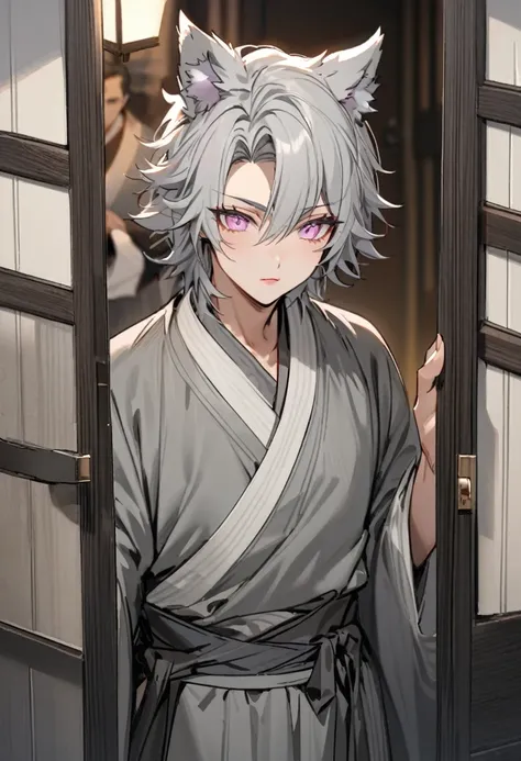 hybrid character with wolf ears, masculine and dominant, Wolfcut short gray hair, pink iris eyes, skin fair, gray hanbok clothes, mature appearance around 15 years old with youthful features , pink lips opening a door with a curious expression
