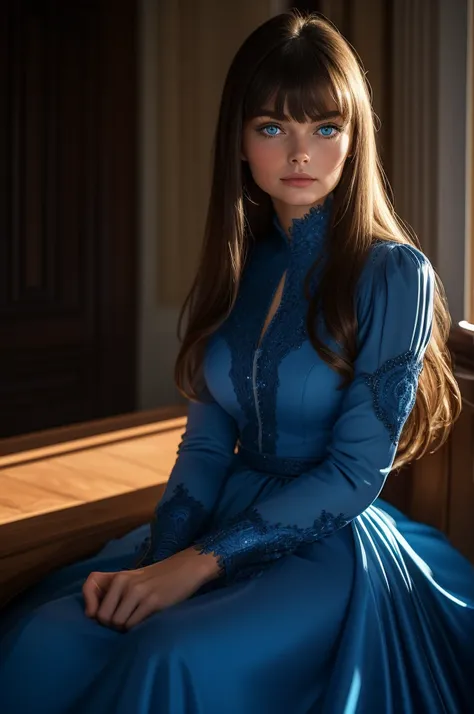 16 year old Paulina Porizkova, ultra-detailed face, ultra detailed blue eyes, (bangs), (long sleeve dress, long skirt), (((masterpiece)))