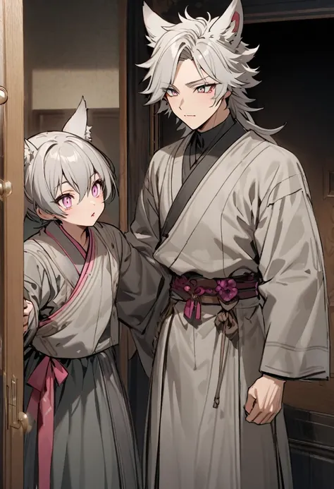 hybrid character with wolf ears, masculine and dominant, Wolfcut short gray hair, pink iris eyes, skin fair, gray hanbok clothes, mature appearance around 15 years old with youthful features , pink lips opening a door with a curious expression
