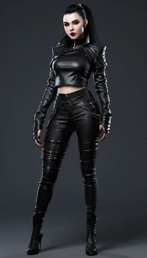 Create a full body  character and clothing items from vampire clans in modern times and create modern and cyberpunk fashion. Front, side and backCreate a full body female character and clothing items from vampire clans in modern times and create modern and...