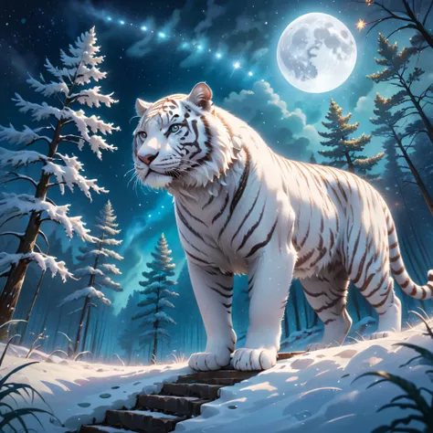 extensive landscape photography (a view from below showing the sky above and an open forest below), a white tiger on a path look...