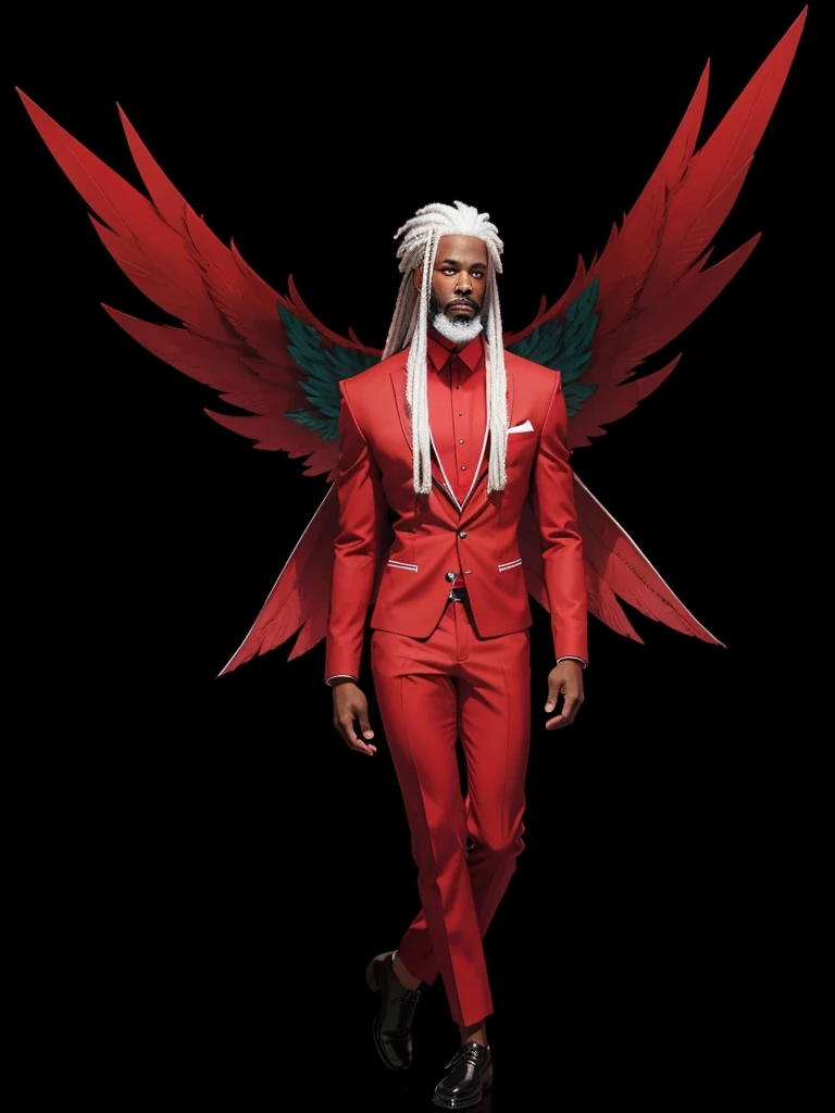 A black man with white hair, with white beard, with a red suit set and with red wings.