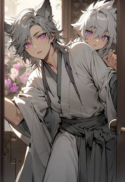 hybrid character with wolf ears, masculine and dominant, Wolfcut short gray hair, pink iris eyes, skin fair, gray hanbok clothes, mature appearance around 15 years old with youthful features , pink lips opening a door with a curious expression
