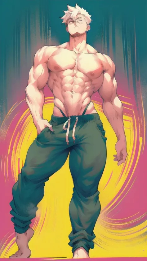 full body in image, masculine pose, jogger pants, harem pants, unique hair, full man, white harem pants, male body, slender body, short hair, full body, hot body, sexy male body, dinamic pose, six patch. detalied pose, body, simple background, expressive f...