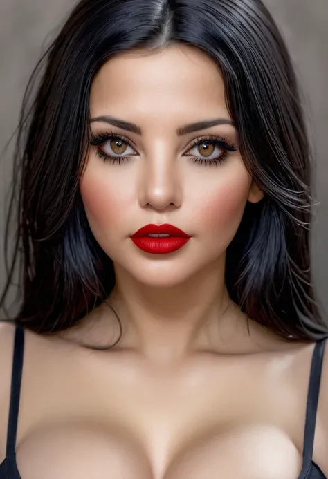 1girl, black eyes, black hair, breasts, brown eyes, cleavage, closed mouth, eyelashes, forehead, grey eyes, lips, long hair, looking at viewer, makeup, nose, photorealistic, realistic, red lips, solo, upper body