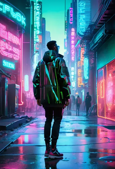 (masterpiece, 8K, UHD, high resolution: 1.4), (character wearing futuristic and technological clothing: 1.3), (cybernetic implants and a stylized look in neon tones: 1.3), (urban street full of neon signs and holograms: 1.3), (pose confident and vigilant: ...