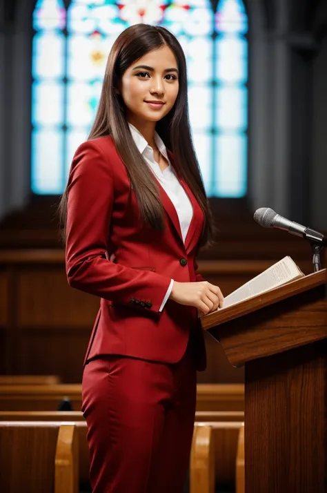 ((woman)), (30 year old), (long hair), (wearing reddish suit), (speech at a lectern), (bible on the pulpit), (modern protestant church background), (natural light), (photo realism), (hyper detailed), diffuse lighting,  (showing complete subject), ((full bo...