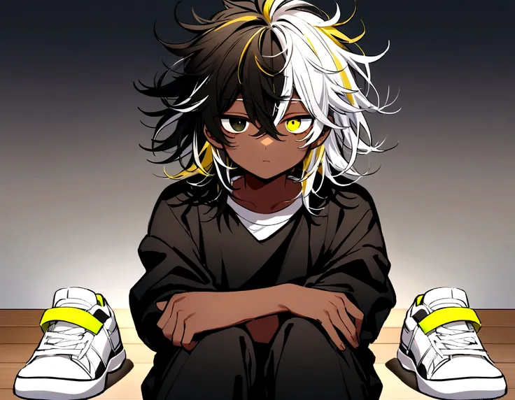 white  shirt, wearing a black sweatshirt with silver details , white tennis shoes with black details, black pants, yellow and black eyes heterochromia, expression of calm, Messy hair , Medium length hair , 1 men , multicolored black and white hair ( focus ...