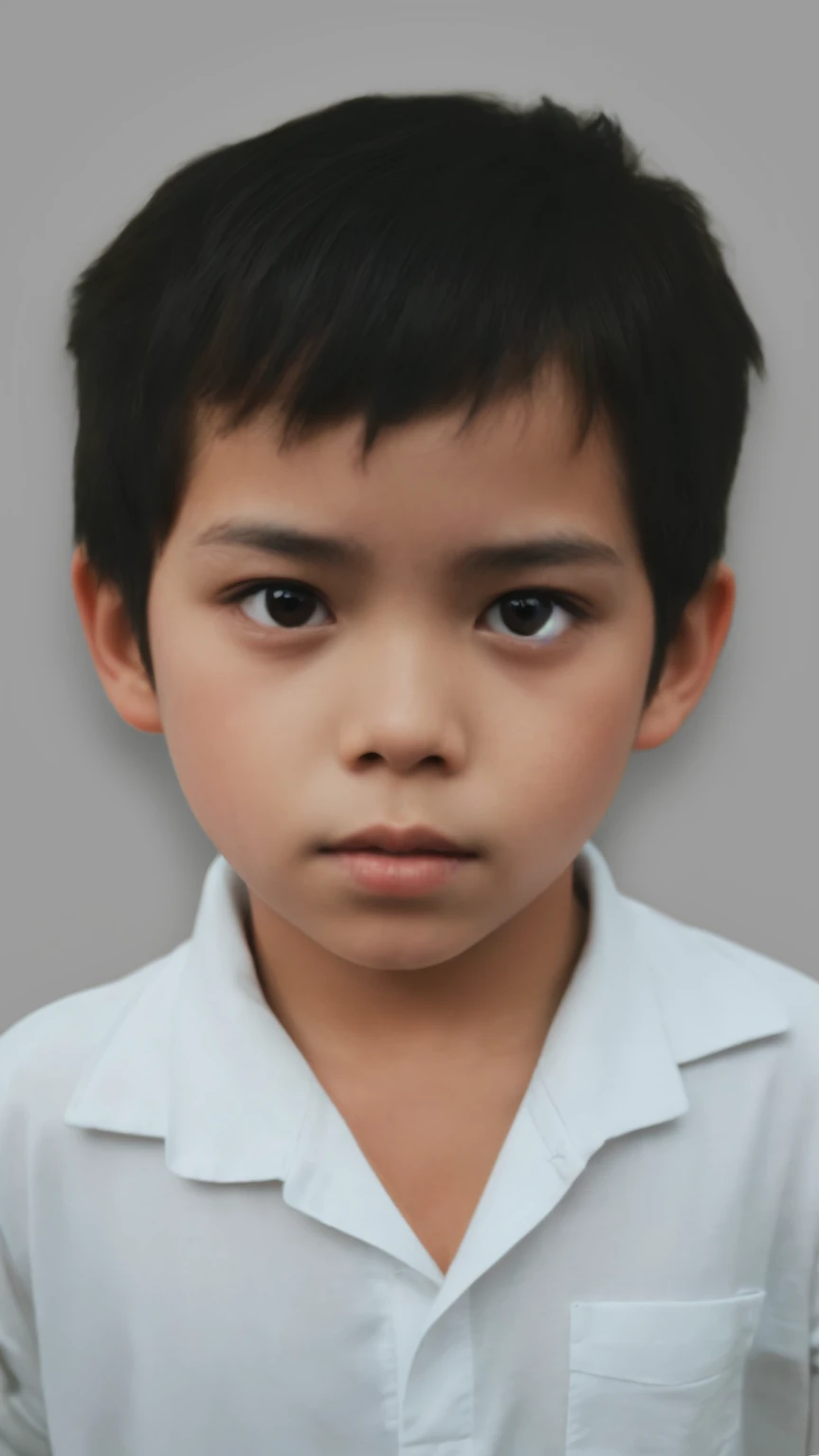 Make this photo look realistic and detailed, there is a young boy with a white shirt, 5 years old man, detailed face of a asian boy, boy with neutral face, south east asian with round face, realistically rendered face, close up potrait, realistic portrait ...