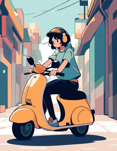 girl riding a scooter, Lo-fi art style