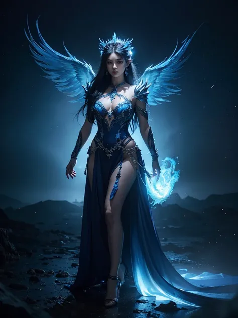 A captivating photograph featuring a female character embodying the essence of a powerful and enchanting blue phoenix. She wears a mesmerizing, vibrant ensemble that showcases her regal presence, adorned with intricate details that accentuate her blue aura...