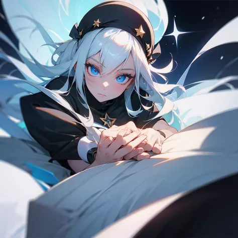 girl holding a black star in between hands, beautiful eyes, close POV, black energy