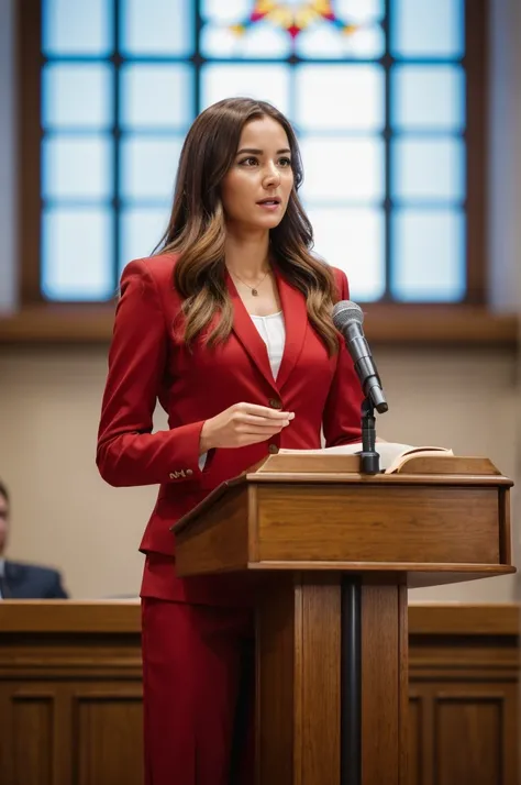 ((woman)), (30 year old), (long hair), (wearing reddish suit), (speech at a lectern), (bible on the pulpit), (modern protestant church background), (natural light), (photo realism), (hyper detailed), diffuse lighting,  (showing complete subject), ((full bo...