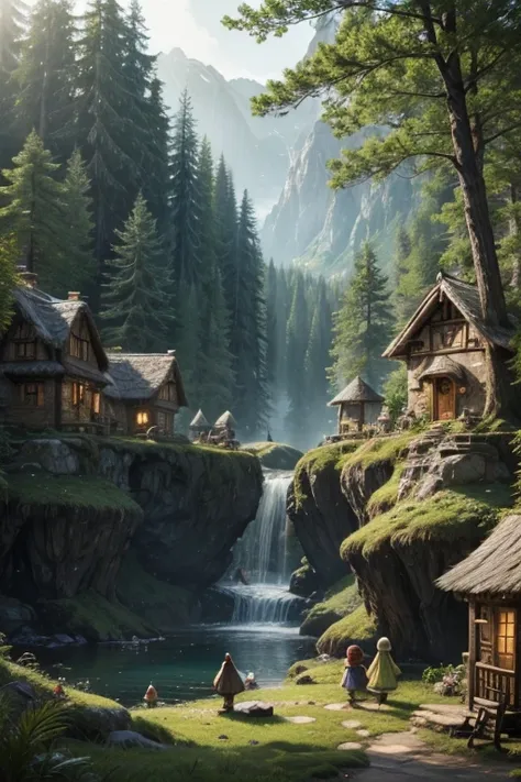 landscape of a forest with fairies and dwarfs in their houses