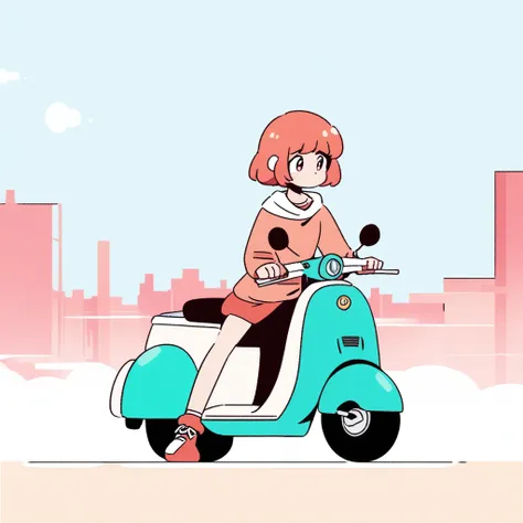 girl riding a scooter, Lo-fi art style, anime aesthetic, feeling relaxed, Lo-Fi illustration style