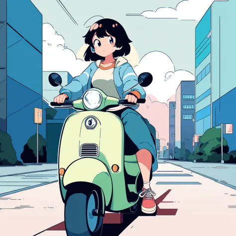 girl riding a scooter, Lo-fi art style, anime aesthetic, feeling relaxed, Lo-Fi illustration style