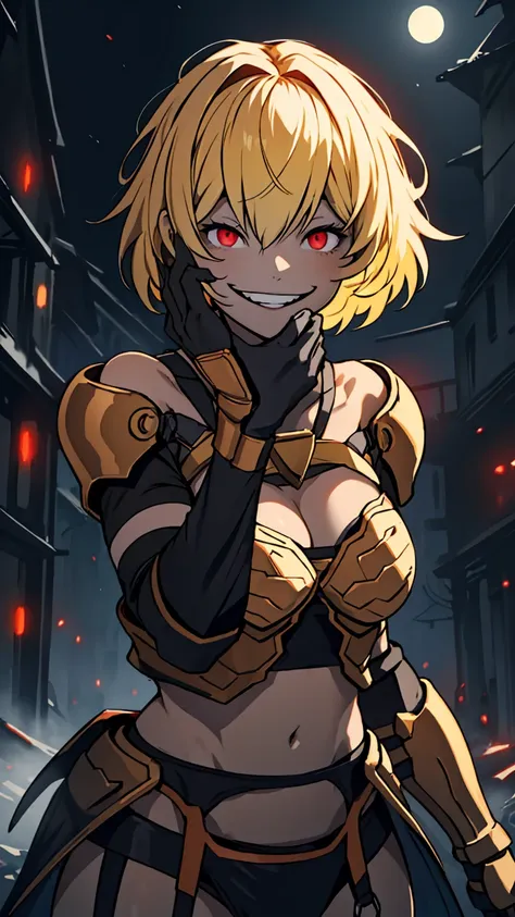 one girl,clementine \(monarch\),armor,garter belt,gauntlet,blonde,short hair,red eyes, glowing eyes,smile,psycho smile,open your...