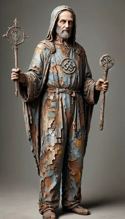 hernes trismegistus wearing an extremely charming jumpsuit and holding a staff with a mysterious symbol