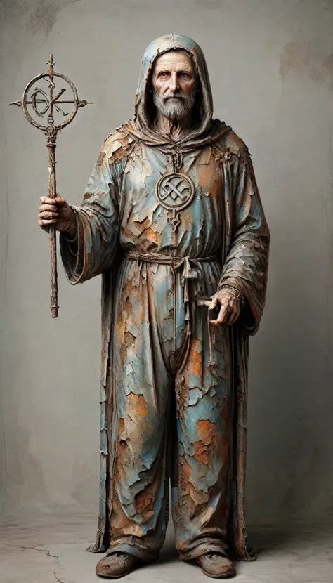 hernes trismegistus wearing an extremely charming jumpsuit and holding a staff with a mysterious symbol