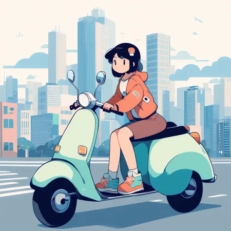 girl riding a scooter, lo-fi art style, city