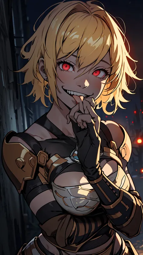 one girl, clementine \(monarch\) ,armor, garter belt, gauntlet, blonde, short hair, red eyes, glowing eyes, smile, psycho smile,...