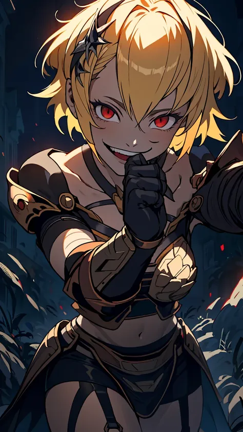 One girl, clementine (monarch) ,armor, garter belt, Gauntlet, Blonde, short hair, Red eyes, Glowing Eyes, smile, psycho smile, Open your mouth, Lick the tips of your fingers with your tongue, Psychoface, Hollow Eyes, Crazy Eyes, crazy smile, Yandere, Upper...