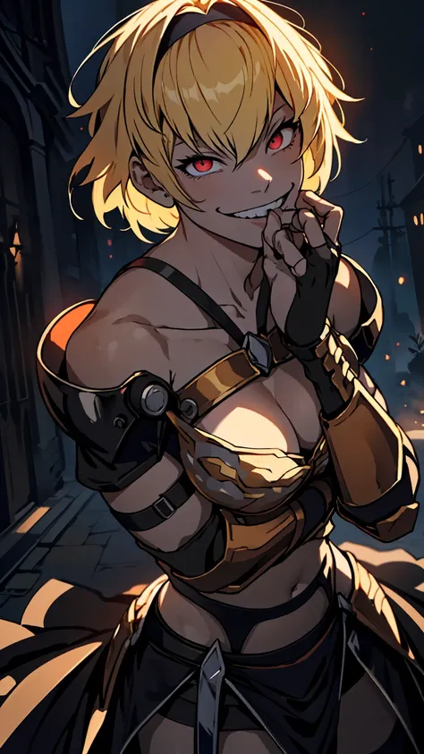 one girl, clementine \(monarch\) ,armor, garter belt, gauntlet, blonde, short hair, red eyes, glowing eyes, smile, psycho smile,...