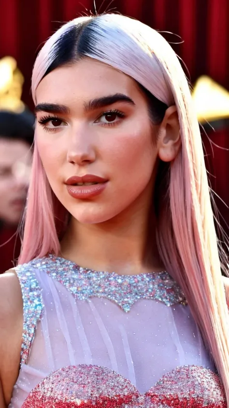 Long straight cherry red hair from the hair roots young adult woman Dua Lipa selfie closeup wearing a transparent dress with white glitter 