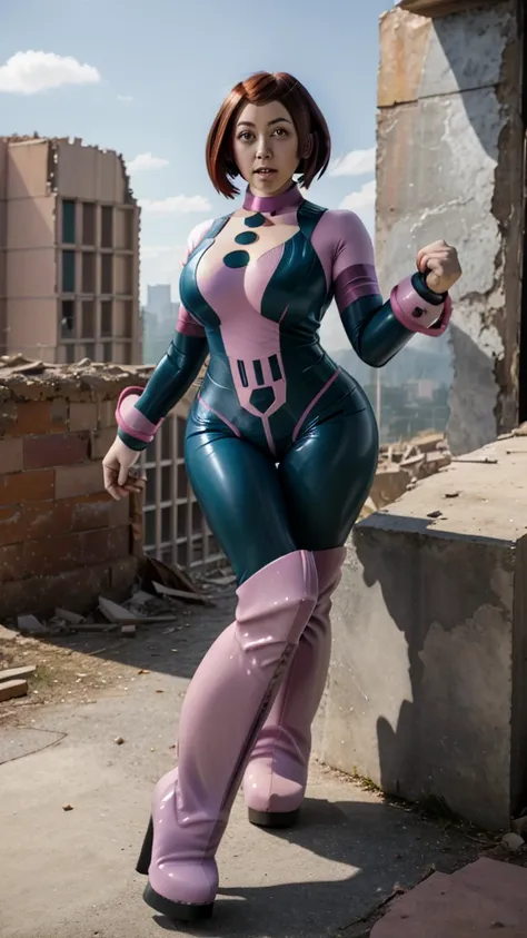 masterpiece, best quality, highres, hmochako, blush stickers, short hair, huge breasts, superhero, bodysuit, boots, ruins, build...