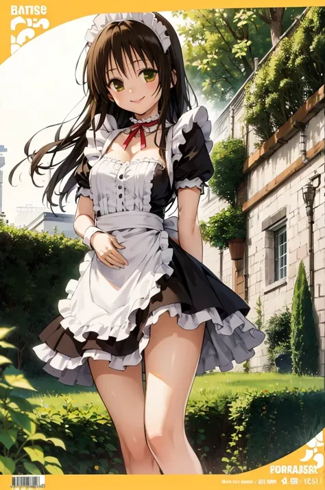 1girl,solo,yuuki mikan,, smile,brown hair,, (best quality:1.3),1girl,garden,(((maid costume))),bare legs