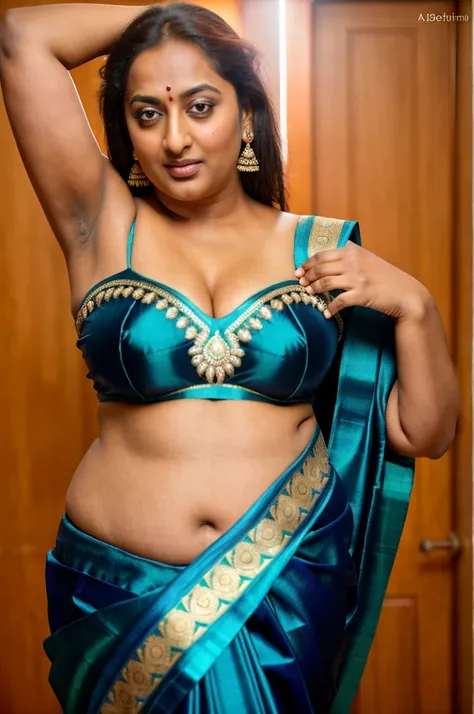 Foto RAW, photorealistic, photography, full body shot, 50 years old Woman, master shot, perfect eyes, goddess like beauty, pierced eyes, perfect thick chubby mallu Desi aunty bhabhi, Wearing a Stanapatta, a chest-band.Saree model, model Photography, Indian...