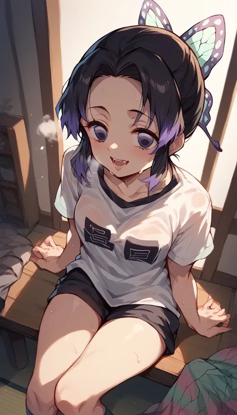 nsfw,Sweat,White Breath,Demon slayer,Shinobu Kocho,,sit,room,View from above,Joyful expression,Sheer T-shirt