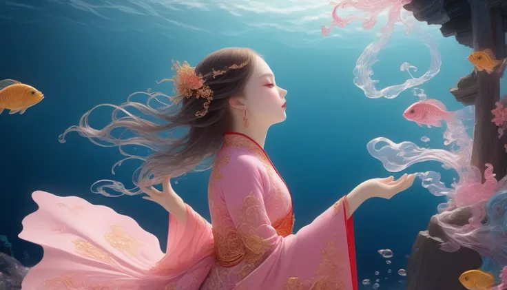 1. little girl, solitary, under the deep sea，walking underwater, beautiful inner glow；wearing pink chinese clothing，fairy the sa...