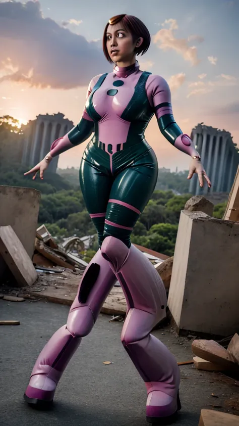 masterpiece, best quality, highres, hmochako, blush stickers, short hair, huge breasts, superhero, bodysuit, boots, ruins, build...