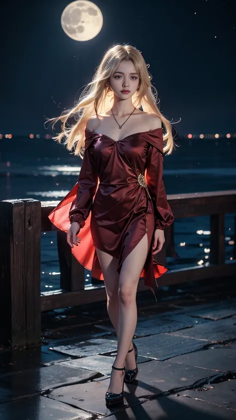 full hd 8k, Girl standing in front of a dark night scene, full moonlight reflecting on her beautiful face. Her long, silky hair was gently blown by the night wind, creating a gentle and romantic feeling. She is walking on a large beach. She looked up at th...