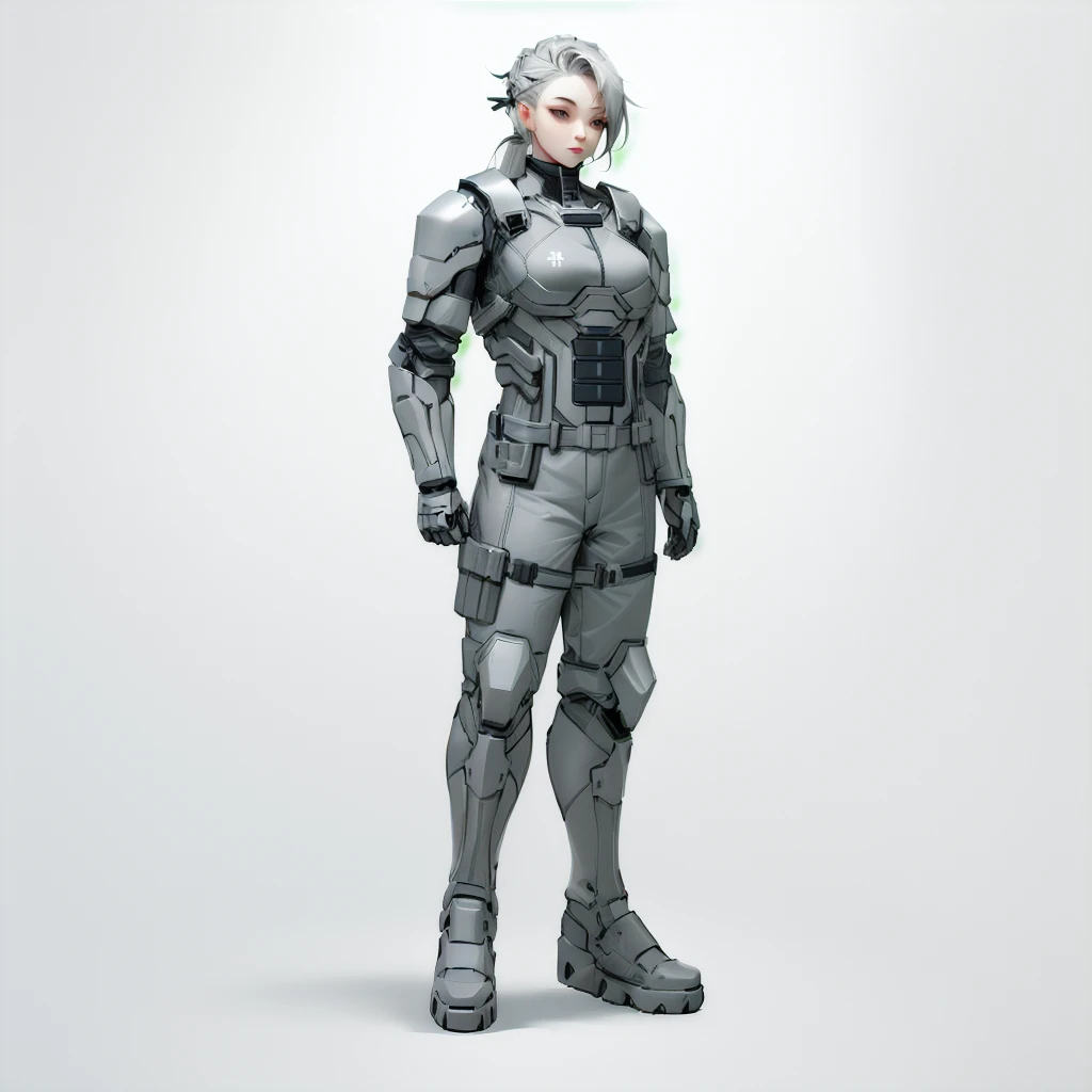 Enhance render style, female full grey uniform, metal grey outfit, dark grey color scheme, monochrome, white background,