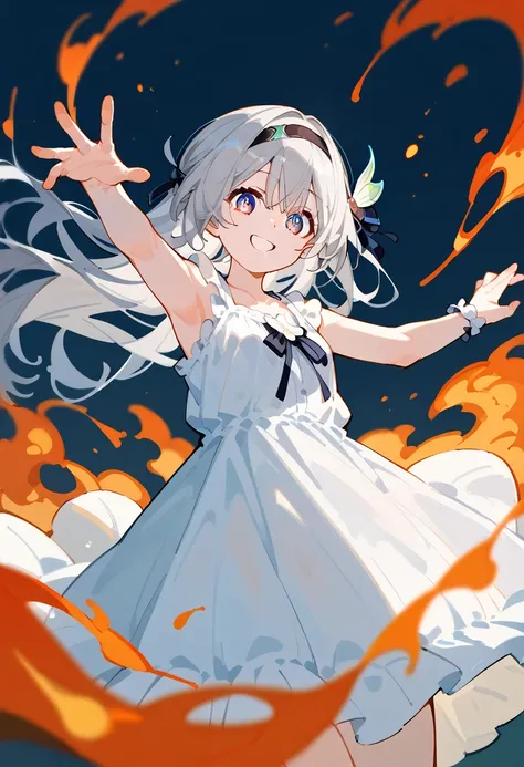 (One girl, alone, alone focus),
fire Fly, Sundress , head band, hair ornaments, Silver Hair, 
Dynamic pose ,
smile,
From below 
