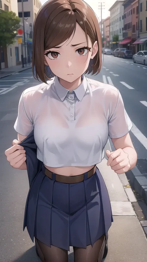 nobarakugisaki, nobara kugisaki, bob cut, (brown eyes:1.7), brown hair, lips, short hair, BREAK belt, brown belt,stockings,white crop top, crop top overhang,wet crop top, pleated skirt, medium skirt,shirt tucked in, skirt, blue skirt,skinny fit, BREAK look...