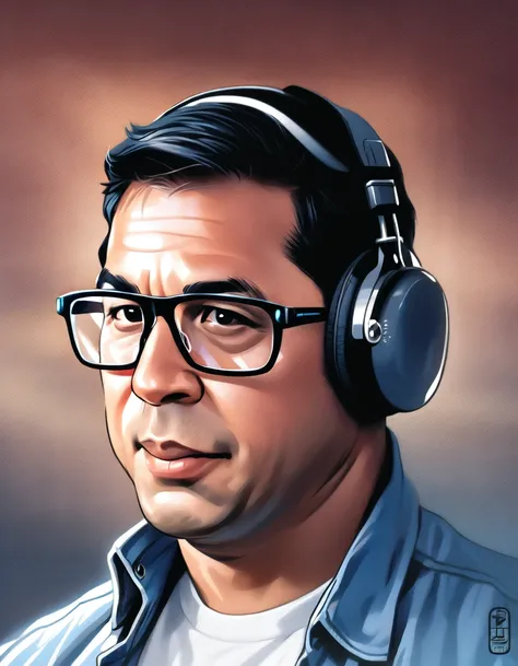 a close-up of a man with headphones and a white shirt, black glasses, a digital painting inspired by Adam Dario Keel, trend on DeviantArt, digital art, high quality portrait, Digital Cartoon Painting Art, cartoon digital painting, digital art picture, real...