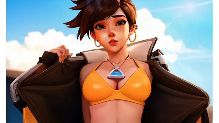 VHS cover for a porn starring tracer. hoop-earings. slut. small_boobs. freckles. sexy pose. open legs. pornstar nsfw. full_body_view. outside. daytime. 