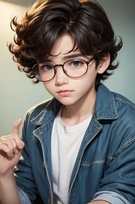 Create a cartoon image of a boy with round glasses with big hair