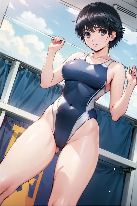 black hair, (short hair,very short hair),
competition swimsuit,, (best quality:1.3),1girl,