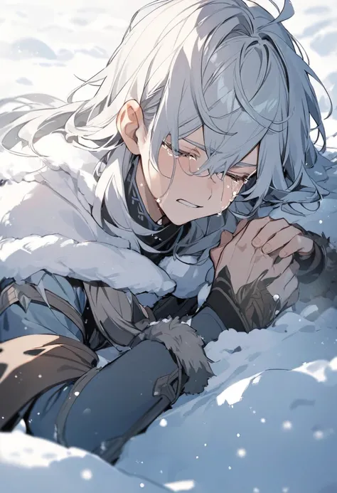 viking boy lying in the snow crying with his hand raised