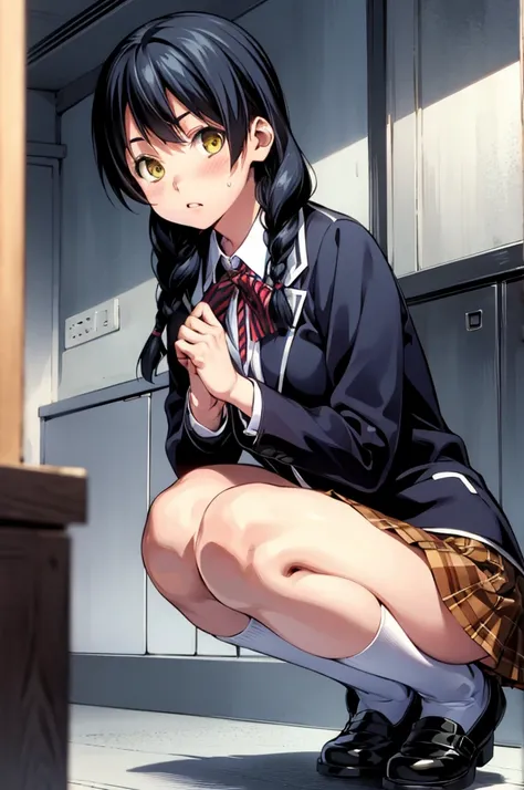 looking at viewer, 
blazer, , pleated skirt, plaid skirt, neck ribbon,
long hair, black hair, braid, hairclip, twin braids, yellow eyes,
blush, embarrassed, squatting,, (best quality:1.3),1girl,