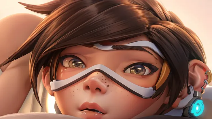 vhs cover for a porn starring tracer. hoop-earings. biting her lip. naked. nude. slut. small_boobs. freckles. sexy pose. open le...