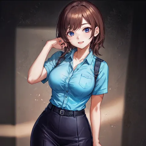 police station,wink,japanese policewoman,タイトスカート,Cowboy Shot,フォトリアル1;4,shoulder length brown hair,{high quality bra}}, {{beautiful large/medium size breasts 1:4}},{{schoolgirl}},top quality,cute girl,high quality background, slanted eyes, detailed shirt ch...