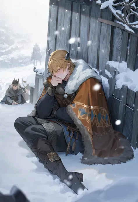 viking boy lying in the snow crying with his hand raised